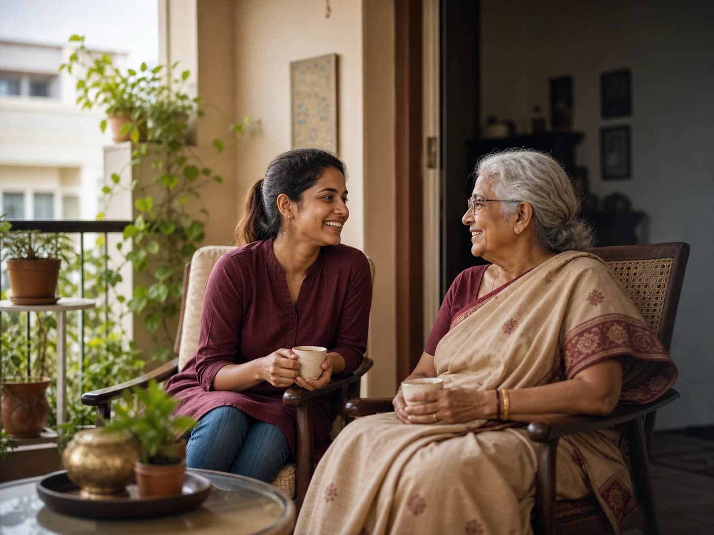 Young companion talking with an elderly woman over tea on a Chennai balcony