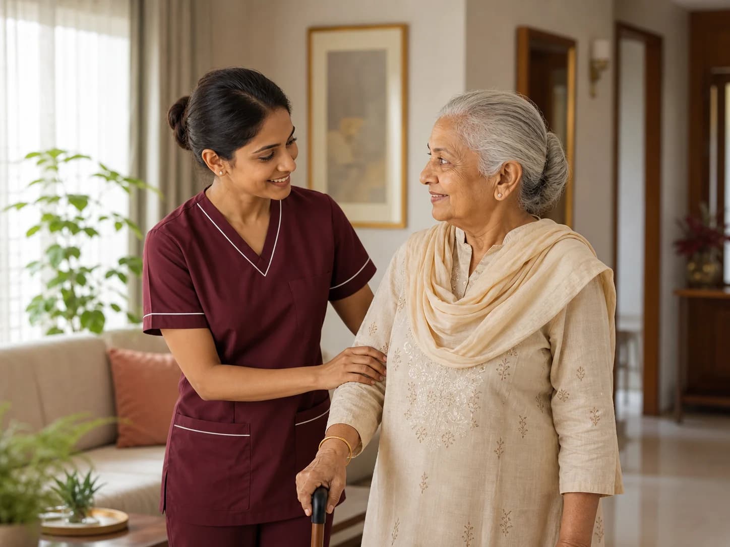 Caretaker supporting an elderly woman in a warm Chennai home-care setting